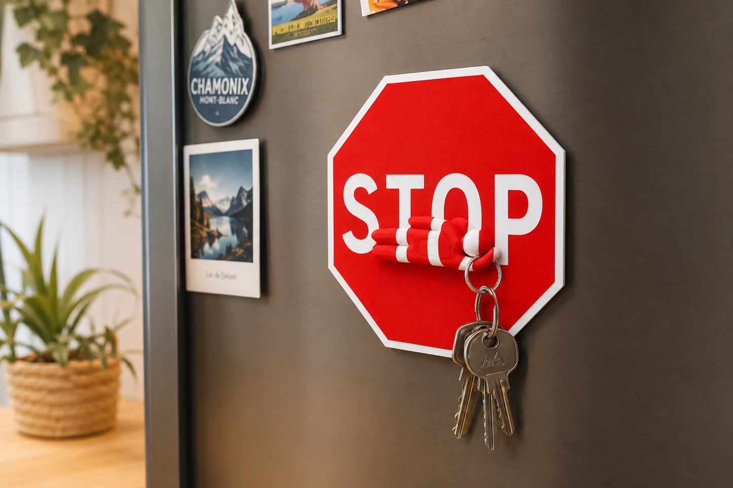 Porte-clés aimanté « STOP » – Inspiré du jeu Meccha Chameleon