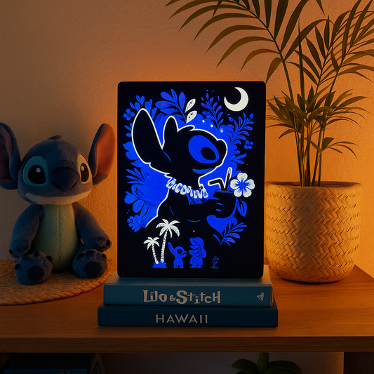 Veilleuse Stitch – Lampe LED USB bleue – Déco tropicale – Impression 3D artisanale